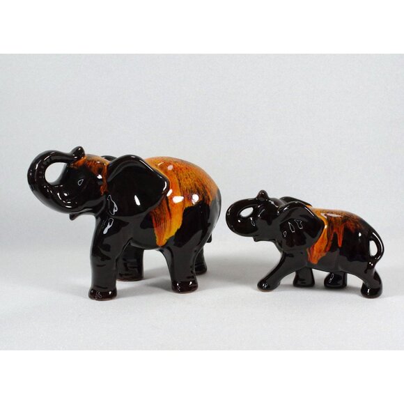Mother and Baby Drip Glaze Elephants Raised Trunk Evangeline Canuck Pottery - Picture 1 of 4